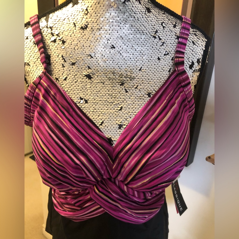 Black Tankini Top with Faux Criss-Cross Draped Front in Purples & Gold Stripes